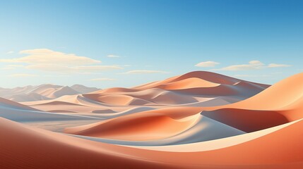 A stunning view of rolling sand dunes under a bright blue sky, showcasing warm tones of orange and beige.