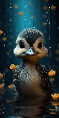 A charming animated young duckling with a delightful smile, surrounded by vibrant orange flowers in a serene watery setting.