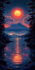 A serene sunset over a majestic mountain, with vibrant colors reflecting on a tranquil lake.