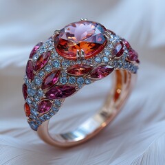 Elegant gemstone ring with vibrant colors and intricate designs.