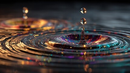 Iridescent Water Droplets and Concentric Ripples on Dark Surface