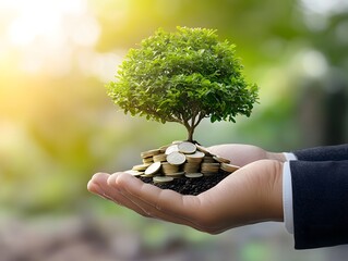 Invest fund concept Businessman's hand holding a large tree