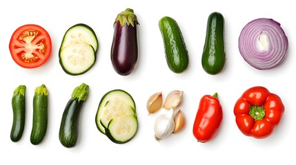 Freshly cut vegetables (zucchini, eggplant, tomato, onion, pepper, garlic) separated on white background