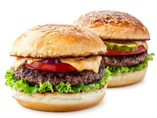 juicy cheeseburger. Brioche pastry, beef patty, iceberg salad, tomato, pickles, house burger sauce. Front view. Isolated on a white background