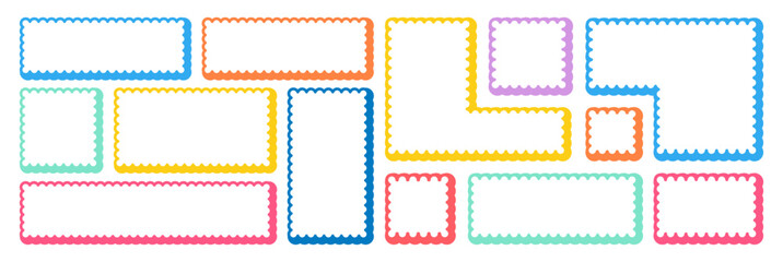 Frames Scalloped Vector Corrugated Bento Grid Shapes Set. Scallop Frame Wavy Retro Stickers Collection. Zig Zag Edge Geometric Borders Tag Boxes. Wiggle Line Design Sign Background. Isolated