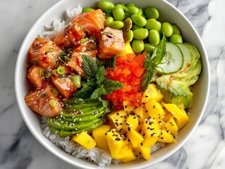 Poke bowl with salmon avocado edamame mango and rice on white background