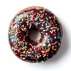 Round chocolate donut with sprinkles on top on white background