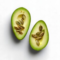 Sliced ​​avocado with seeds against white background