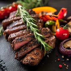 Sliced ​​grilled steak resting on rosemary sprig with vegetables