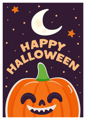 Happy Halloween card with smiling pumpkin, crescent moon and stars on dark background. Halloween design with pumpkin for party, greeting card, decoration. Cute Halloween vector illustration.