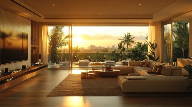 Luxurious living room with sunset view, modern sectional sofa, large windows, hardwood floors, and tropical outdoor space.