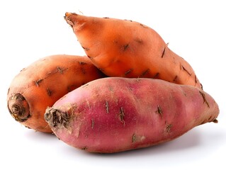 fresh sweet potatoes displayed with detail on a white background