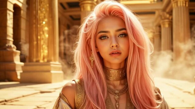 A sexy young Egyptian concubine with pink hair in an Egyptian temple of antiquities.