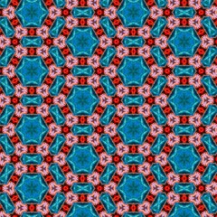 Seamless kaleidoscope floral pattern intricate teal and coral geometric design for fabric, wallpaper, and backgrounds