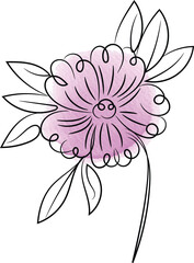 Elegant Floral Illustration with Watercolor Accents Featuring a Delicate Pink Flower with Curled Petals and Stylized Leaves Perfect for Invitations and Creative Projects