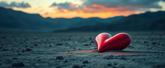 A lone heart-shaped object rests on a desolate landscape, yearning for rescue, compassion, deserted