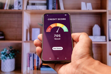 Hand holding a smartphone to check credit score to apply for loan. Online credit score ranking...