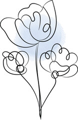 Elegant Floral Line Art with Watercolor Accent Featuring a Trio of Abstract Flowers in a Minimalist Style Perfect for Modern Designs and Creative Projects