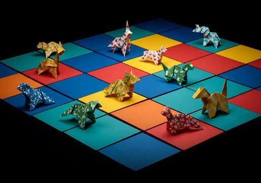 Colorful Origami Animals on a Stock Market Grid Investment Strategy Concept