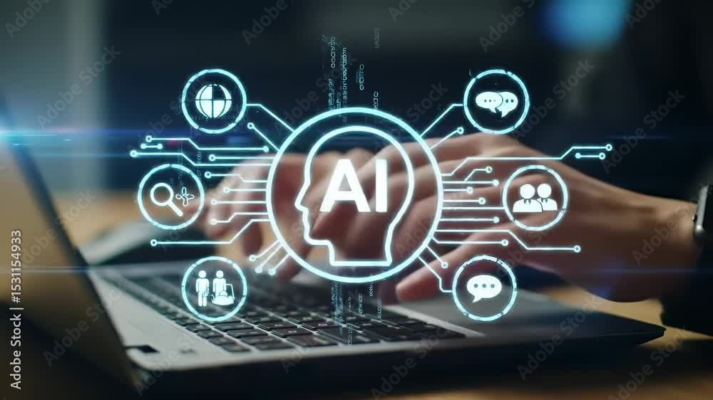 Poster hands typing on laptop keyboard with glowing holographic AI interface  futuristic technology concept digital brain icon in center with network connection nodes artificial intelligence icons around