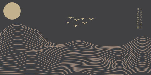 Vector abstract art landscape mountain with birds and sunrise sunset by golden line art texture isolated on dark grey black background. Minimal luxury style for wallpaper, wall art decoration.