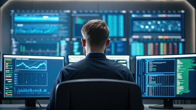 A person monitors multiple digital screens displaying data charts, financial graphs, and code in a high-tech control room or trading environment. - Powered by Adobe