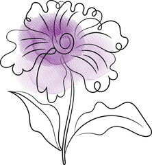 Elegant Floral Illustration with Watercolor Accent Featuring a Delicate Line Drawing of a Flower with a Soft Purple Watercolor Wash on a Clean White Background