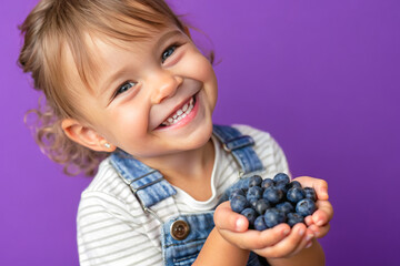 Adorable kid holding blueberry fruit and smiling over violet studio background. Healthy relationship with food and child nutrition concept. Healthy baby food with vitamins and kids vegetarianism
