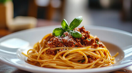 Spaghetti Bolognese served on a white plate, garnished with basil and grated cheese, deliciously inviting
