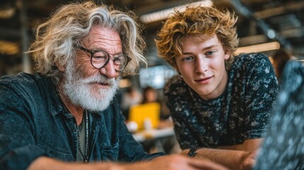 Older and Younger Men Collaborating on Laptop, Indoor Workspace