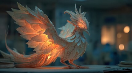 Pixelated Phoenix Glowing Orange Creature in Teal Setting