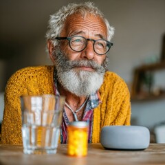 Portrait of a Senior Man with Gray Beard in Yellow Cardigan at Home