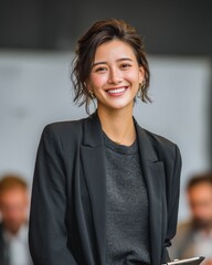 Portrait of a Smiling Young Woman in a Black Blazer