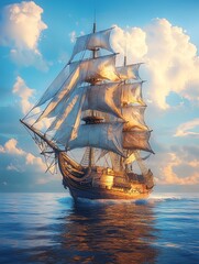 Majestic sailing ship at sunset, ocean voyage.