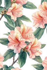 Peach azalea floral seamless pattern. Watercolor illustration.