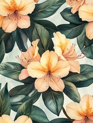 Peach azalea floral pattern. Watercolor botanical print.