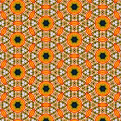 Seamless kaleidoscope floral pattern vivid orange and white geometric floral design for fabric, wallpaper, and backgrounds