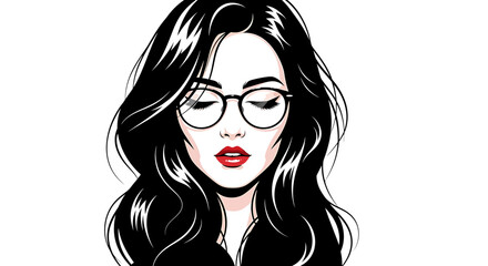 Illustrated woman with long black hair and glasses, eyes closed