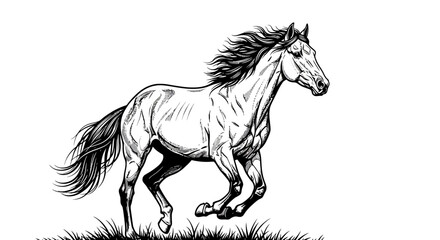 Majestic Running Horse, Ink Drawing, Black and White