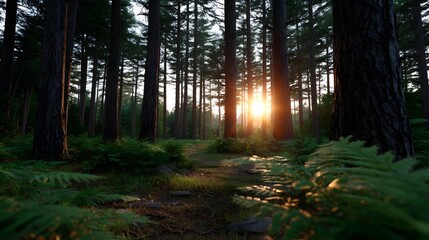 Sunset light filtering through a dense forest