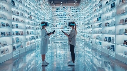 Two Women Immersed in Virtual Reality with Neon Lit Display Walls in a White Interior