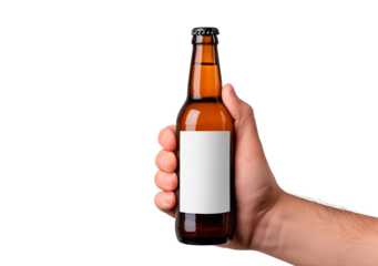 Person holding brown glass bottle with blank label for branding and advertising on transparent background, PNG