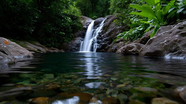 Serene waterfall in lush tropical rainforest