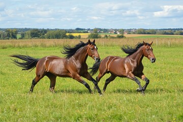 Fototapeta premium Wild horses running freely through open pasture with flowing manes in wind creating dynamic motion against clear horizon. Freedom and natural equine beauty. Wild freedom and pastoral farm life.