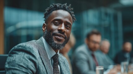 Smiling Black Businessman in Gray Suit at Meeting