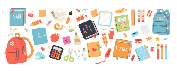Back to school clipart or sticker set. School supplies elements in flat style for prints, cards, scrapbooking, paper crafts. Vector illustration