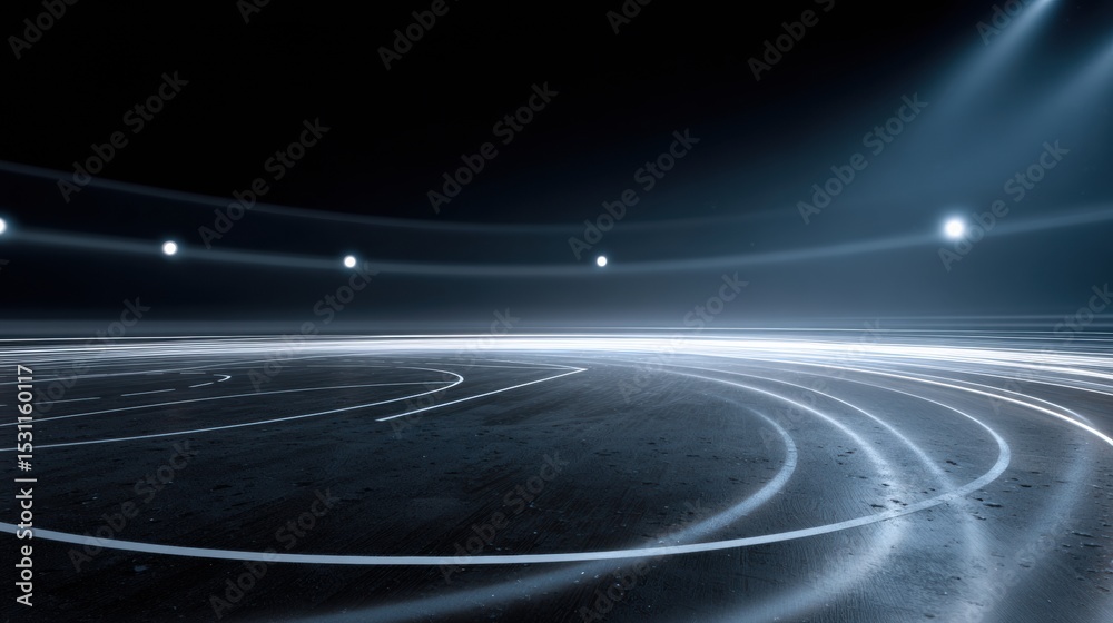 Aufkleber Stylized Court Lines Transforming Into Bracket Paths Create a Dynamic Visual on a Dark Surface Illuminated by Bright Lights