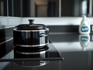 Clean kitchen countertop with electric cooker and detergent bottle, showcasing modern simplicity and efficiency.