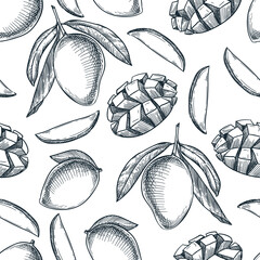 Mango seamless pattern. Hand drawn sketch vector illustration. Food vegetarian organic products background