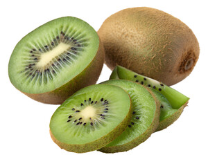 Fototapeta premium Close-up of green kiwi: a whole fruit, a half, and several slices on a transparent background